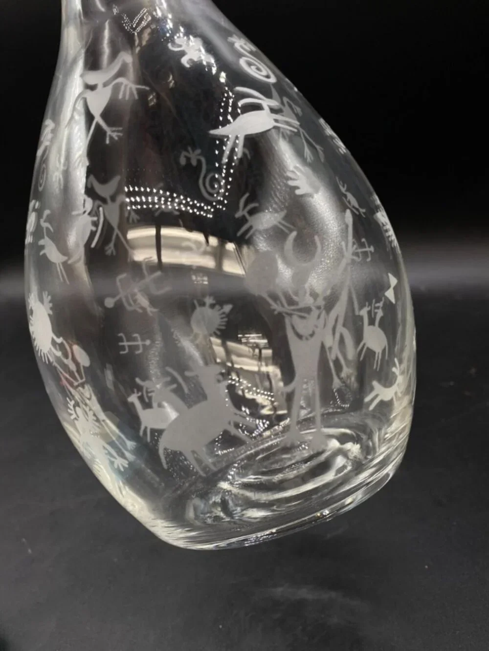 Etched Petroglyph Cave Drawings Clear 9” Tall Wine Carafe
